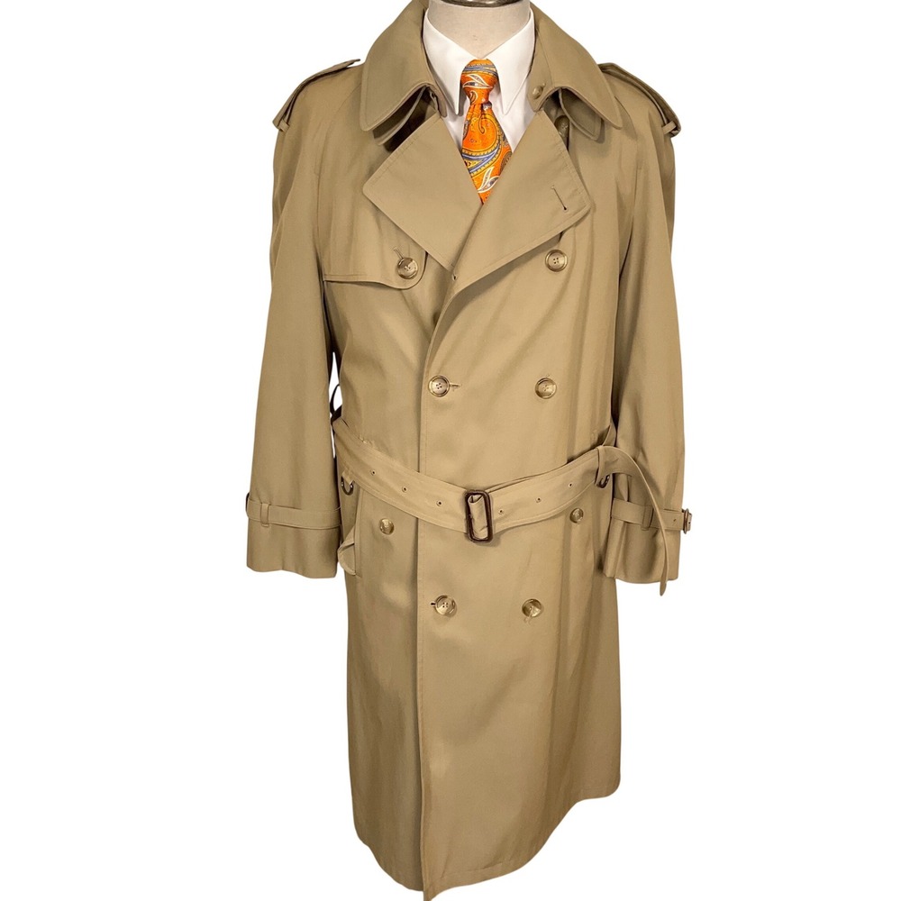 Marshall Field's Trench Coat Men 42R Khaki‎ Throat Latch Belt Winter Liner USA